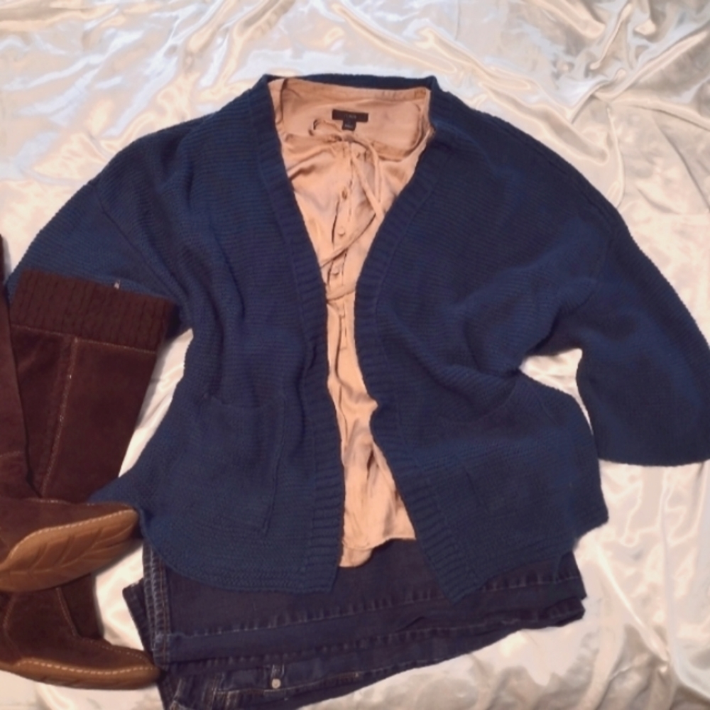 Teal blue knit open front cardigan sweater
